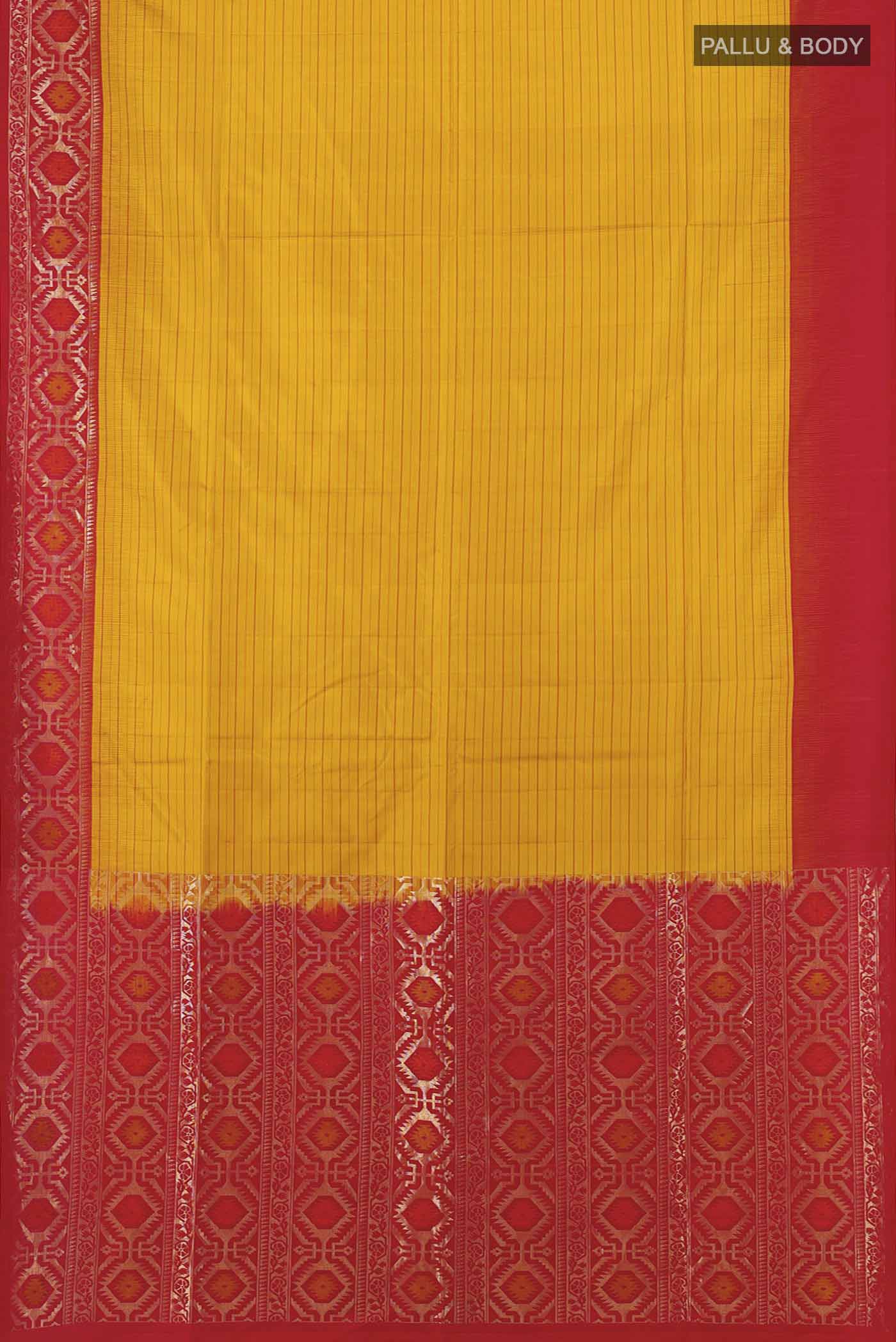 Flat view of Mustard Soft Silk Saree with Zari Butta on the body and Silk Border. 
