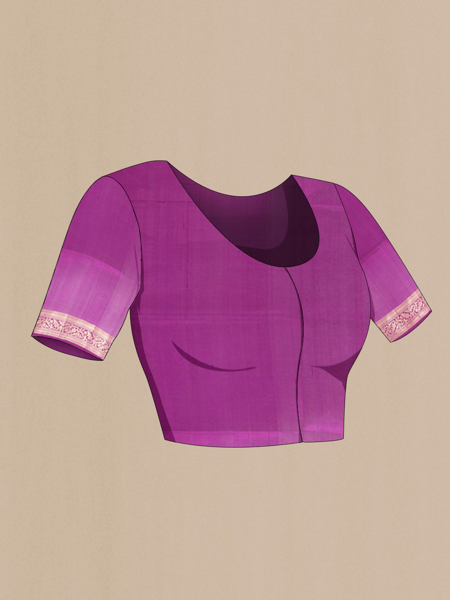 Close up image of the blouse of Purple Banarasi Raw Silk Saree with Zari Butta on the body and Silk Border. 