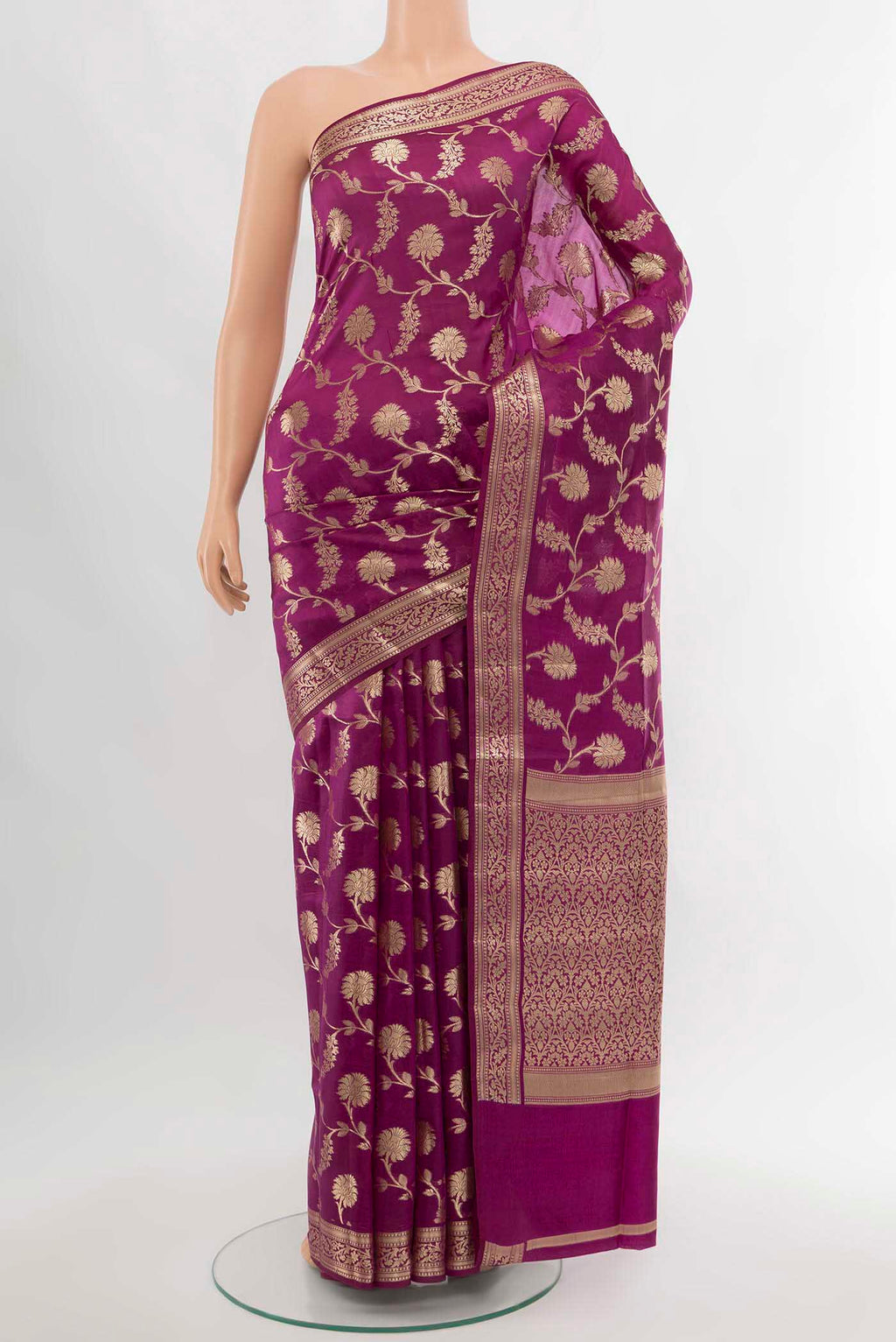 Purple Banarasi Raw Silk Saree with Zari Butta on the body and Silk Border.  displayed on a mannequin