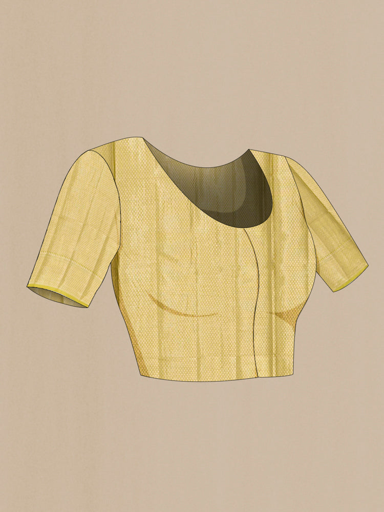 Close up image of the blouse of Light Green Banarasi Raw Silk Saree with Zari Butta on the body and Silk Border. 