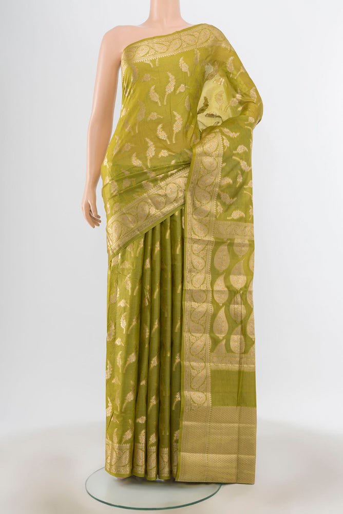 Light Green Banarasi Raw Silk Saree with Zari Butta on the body and Silk Border.  displayed on a mannequin