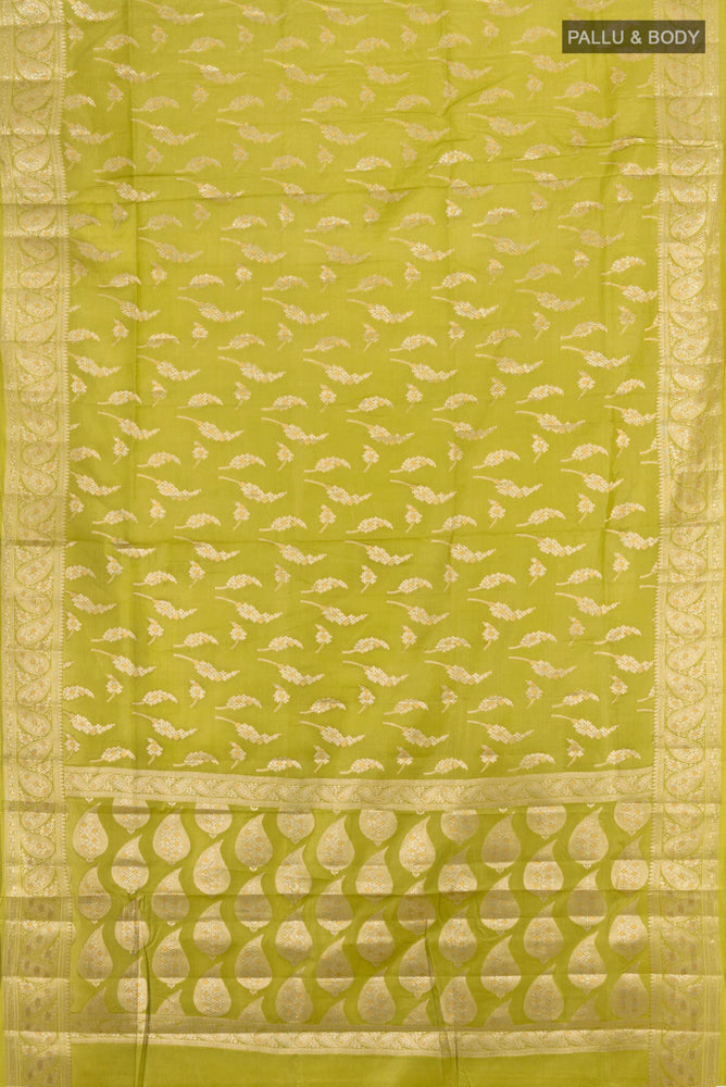 Flat view of Light Green Banarasi Raw Silk Saree with Zari Butta on the body and Silk Border. 