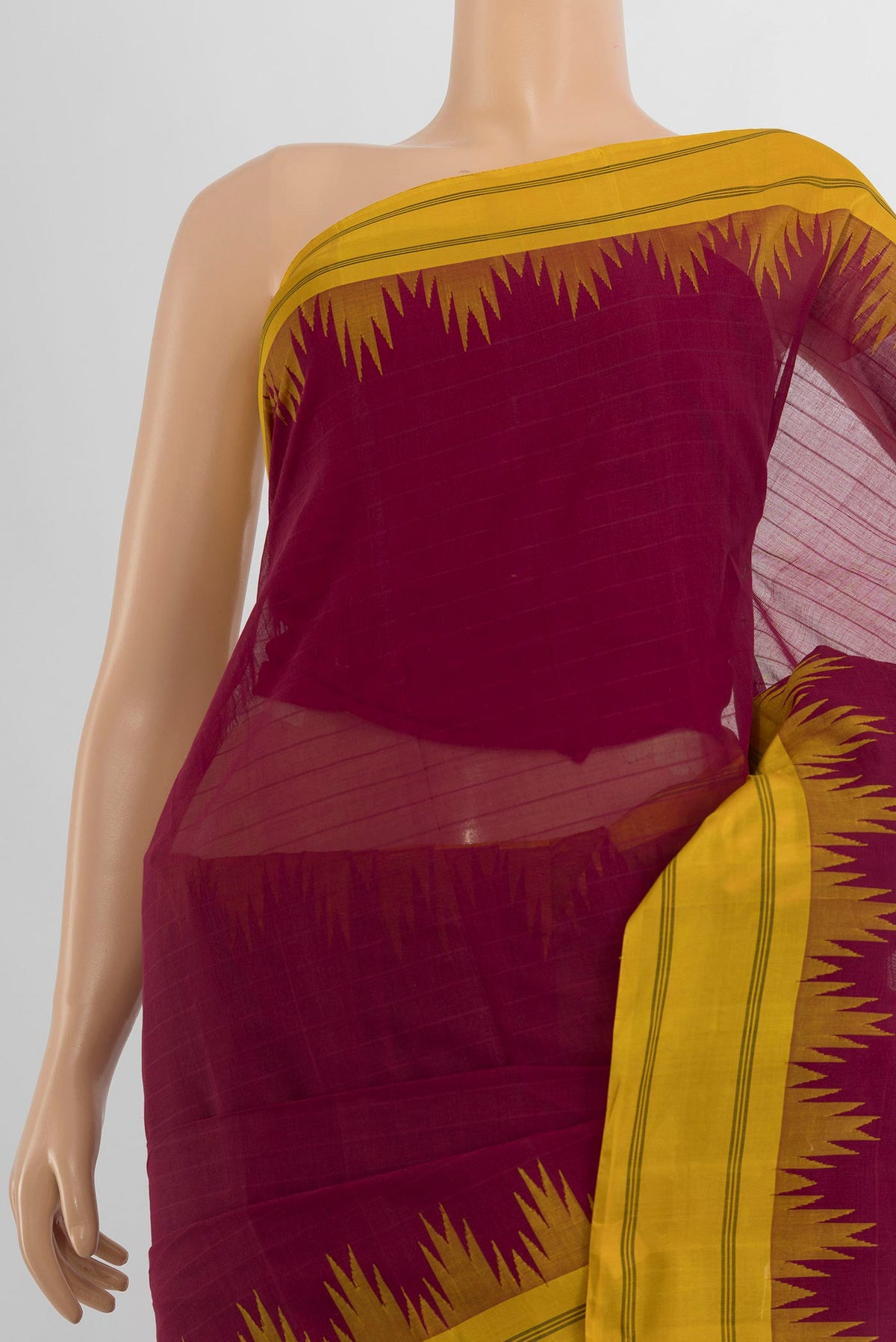 Border image of Maroon Kanchi Cotton Saree with Plain Body and Silk Border. 