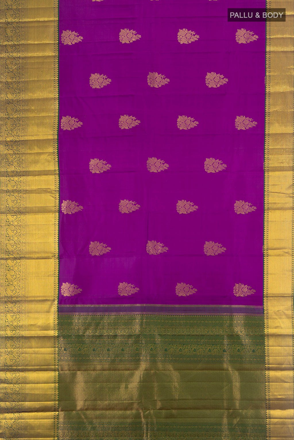 Flat view of Pure Silk Pure Zari Magenta Kanchipuram Saree with Zari Butta on the body and Silk Border. 