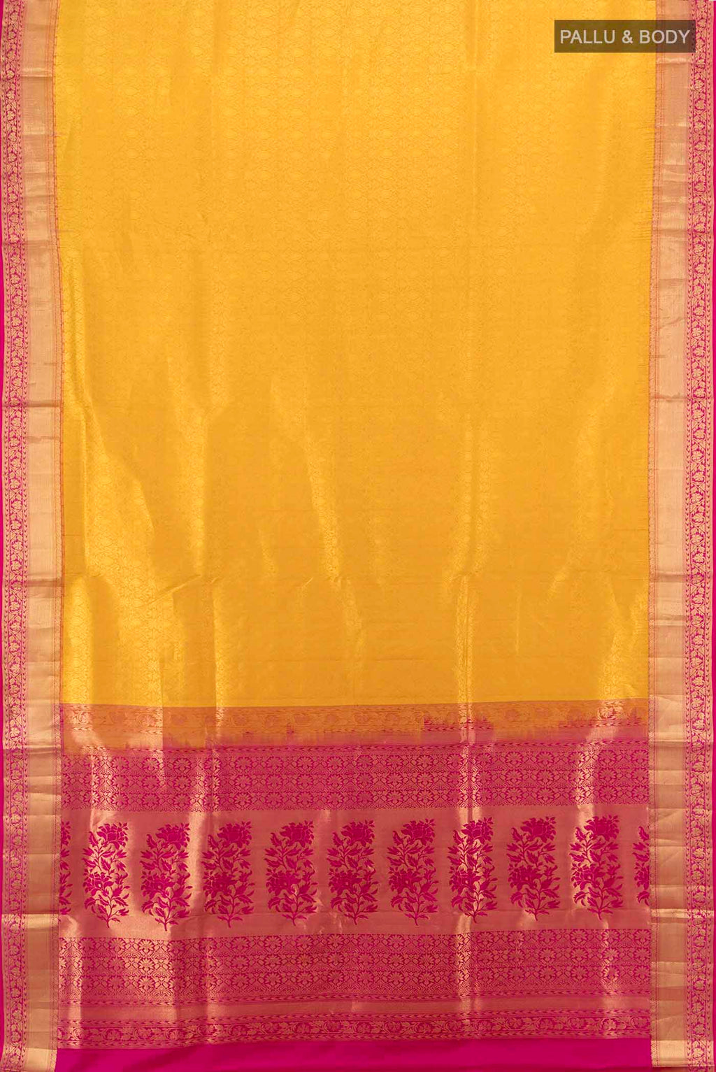 Flat view of Yellow Soft Silk Saree with Zari Butta on the body and Silk Border. 