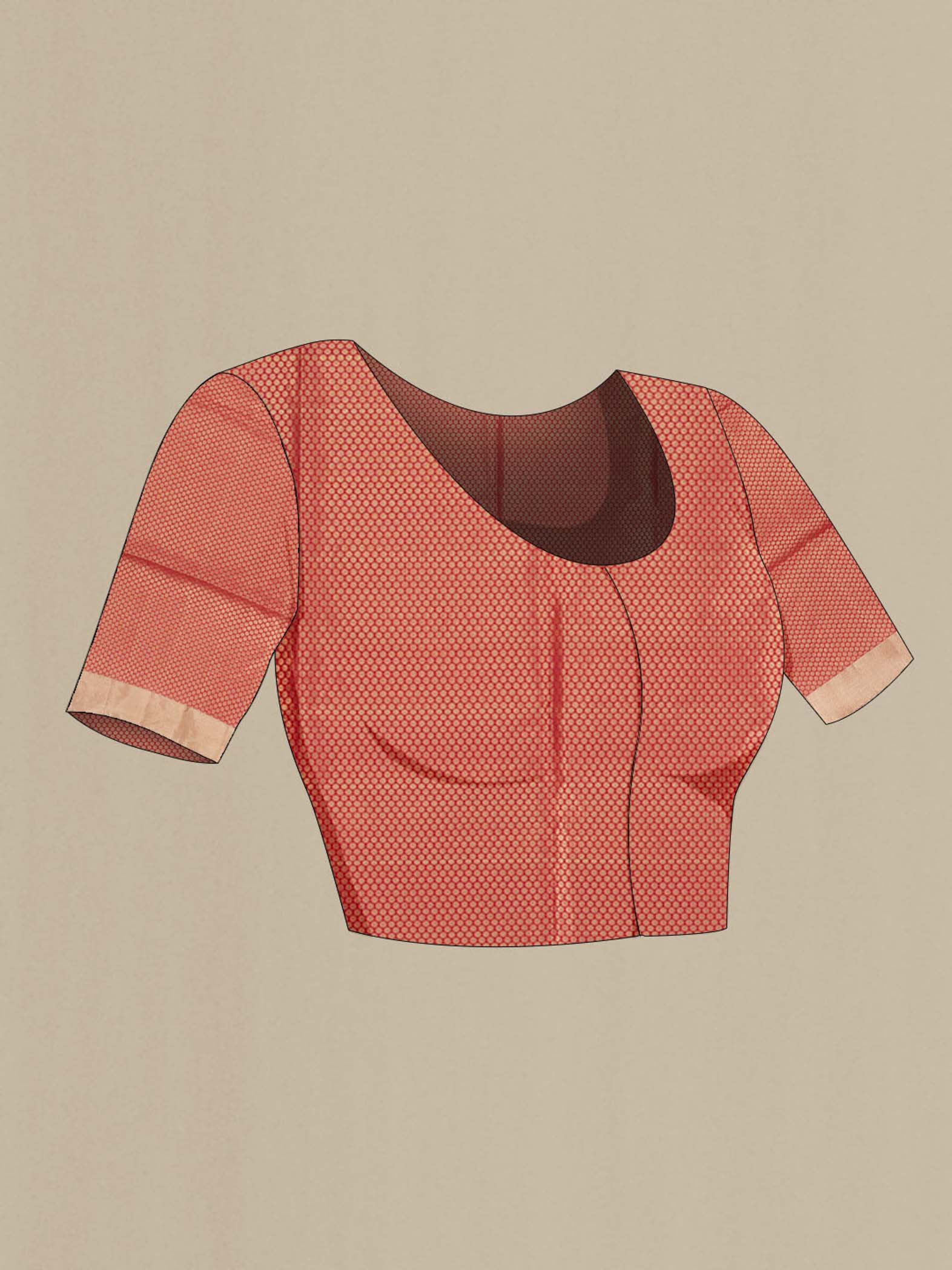 Close up image of the blouse of Red Soft Silk Saree with Zari Butta on the body and Silk Border. 