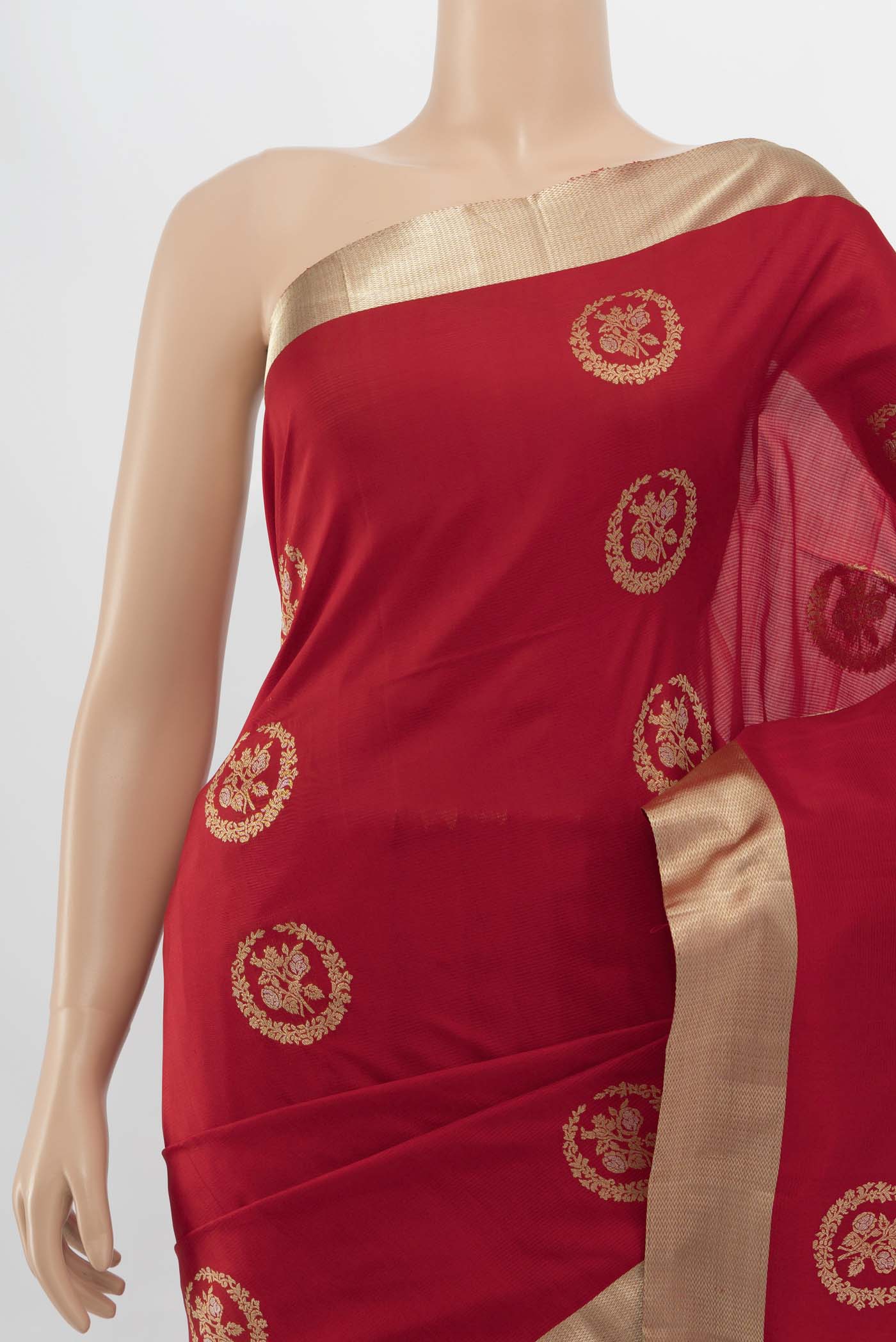 Border image of Red Soft Silk Saree with Zari Butta on the body and Silk Border. 