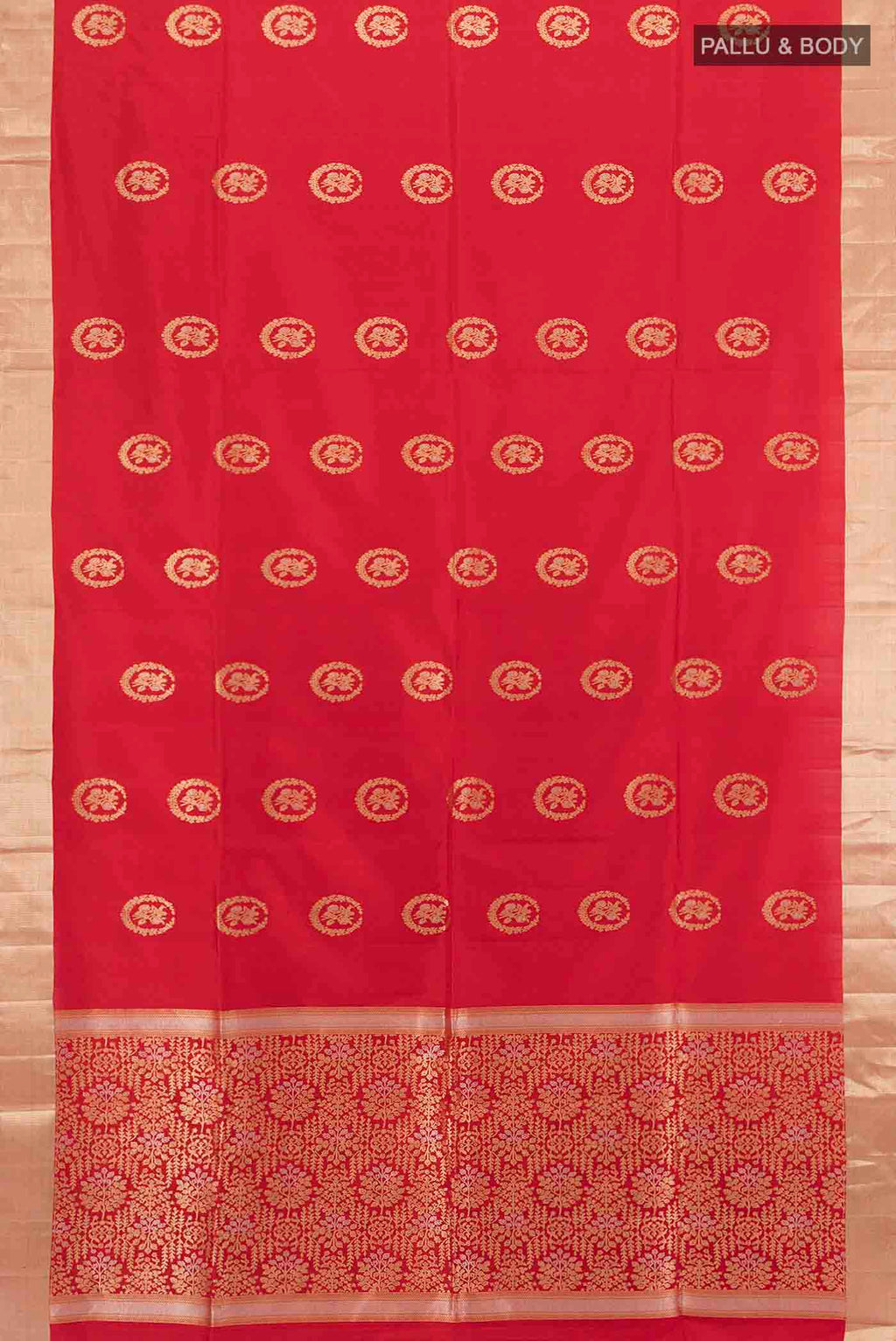 Flat view of Red Soft Silk Saree with Zari Butta on the body and Silk Border. 