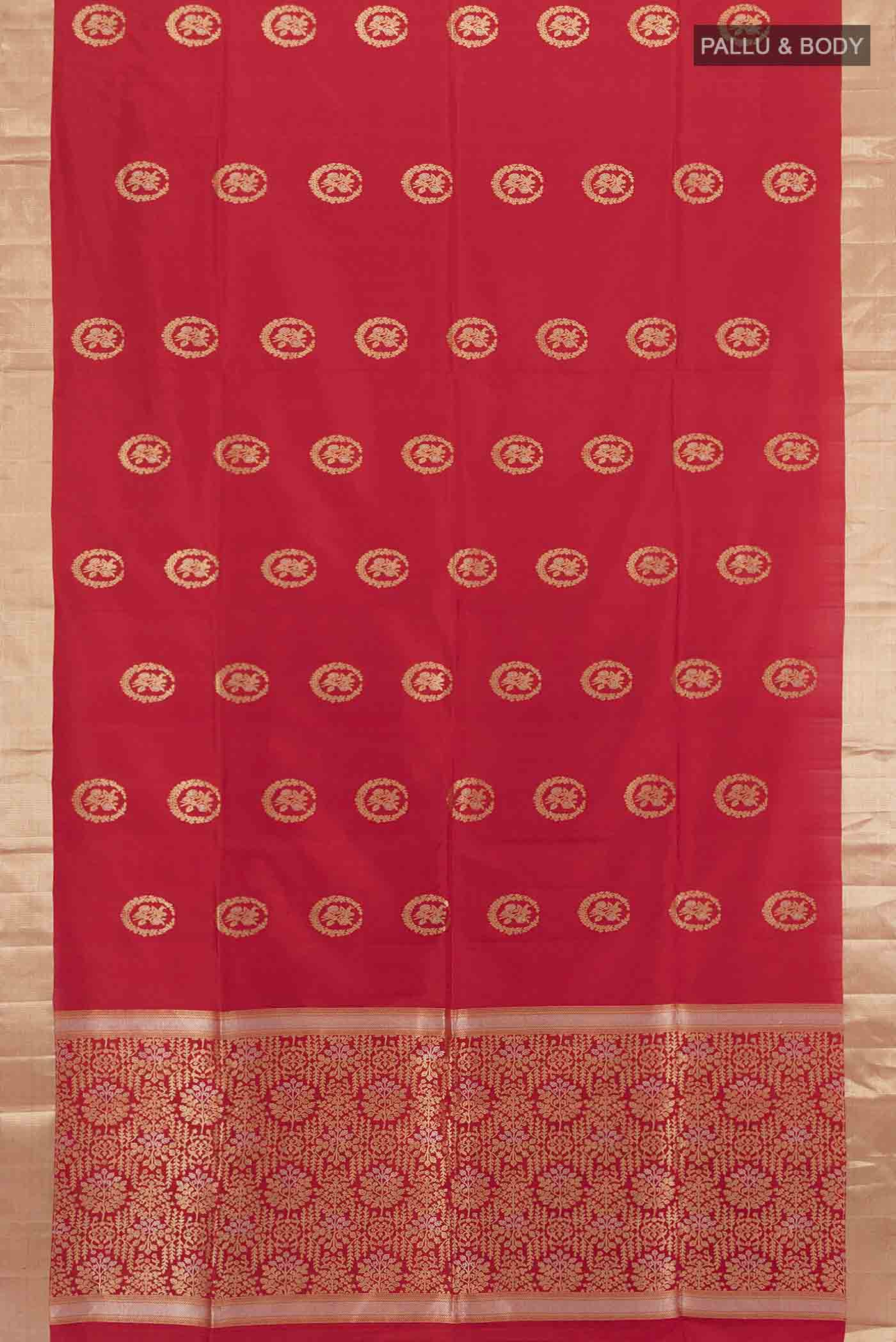 Flat view of Red Soft Silk Saree with Zari Butta on the body and Silk Border. 