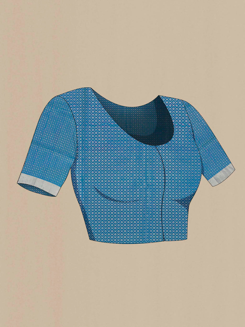 Close up image of the blouse of Light Blue Soft Silk Saree with Zari Butta on the body and Silk Border. 