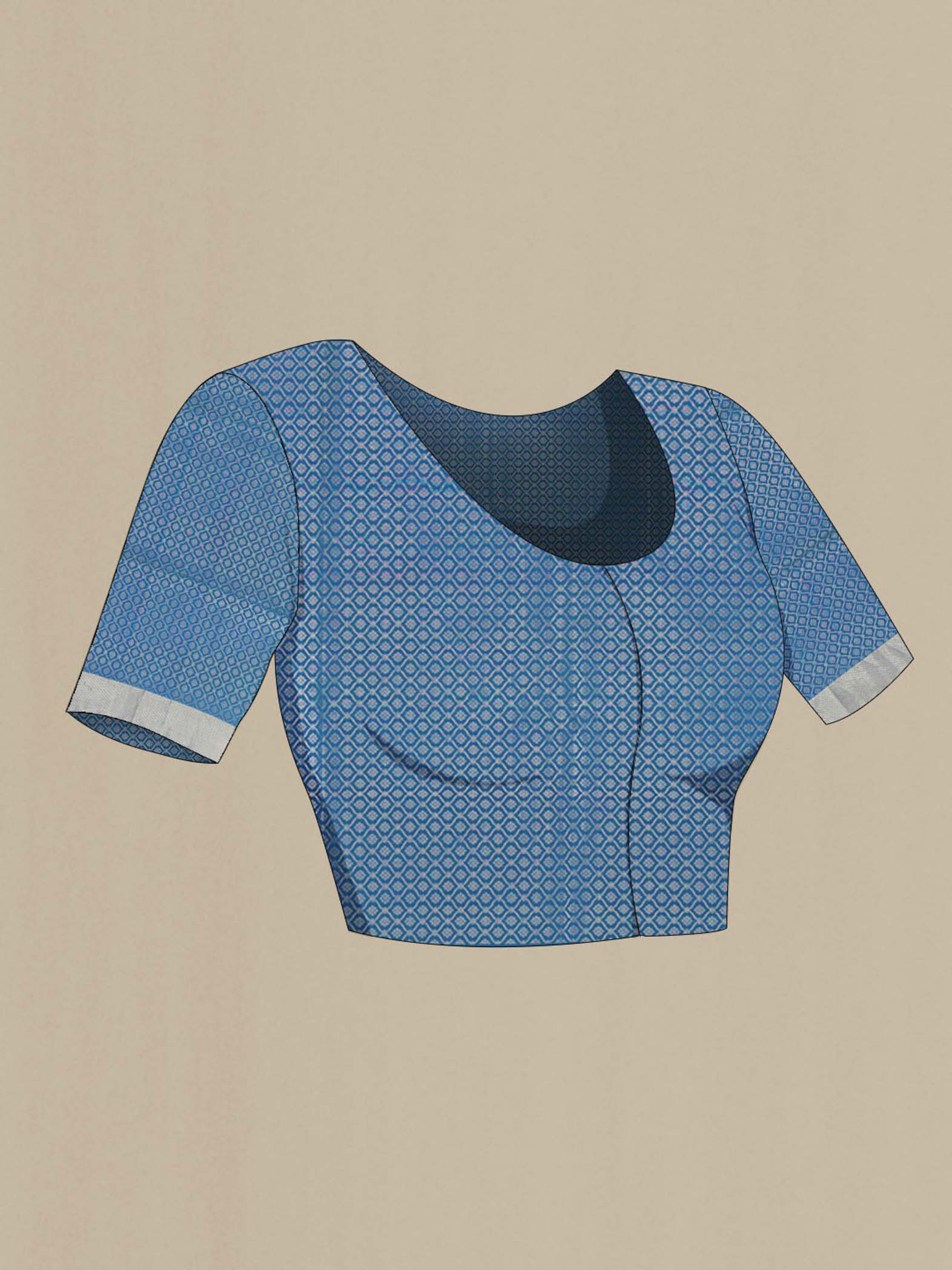 Close up image of the blouse of Light Blue Soft Silk Saree with Zari Butta on the body and Silk Border. 