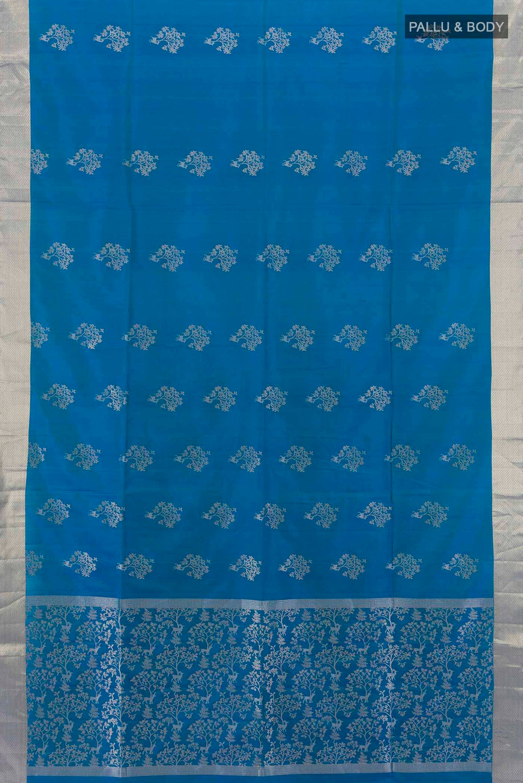 Flat view of Light Blue Soft Silk Saree with Zari Butta on the body and Silk Border. 