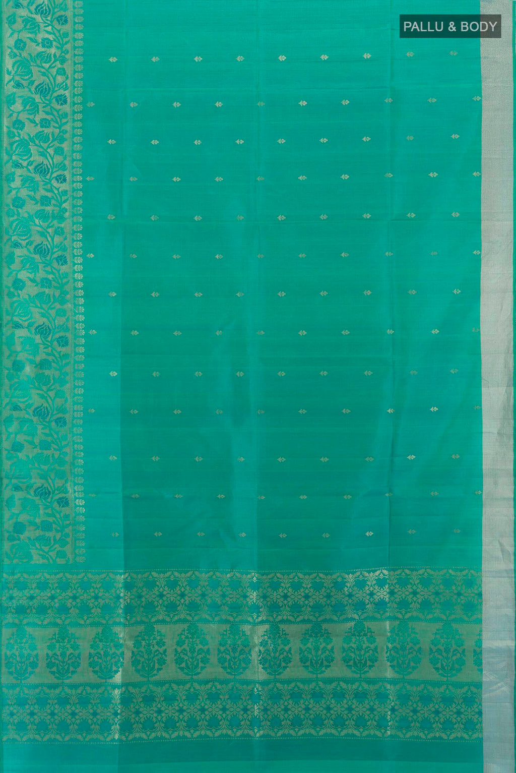 Flat view of Light Green Soft Silk Saree with Zari Butta on the body and Silk Border. 
