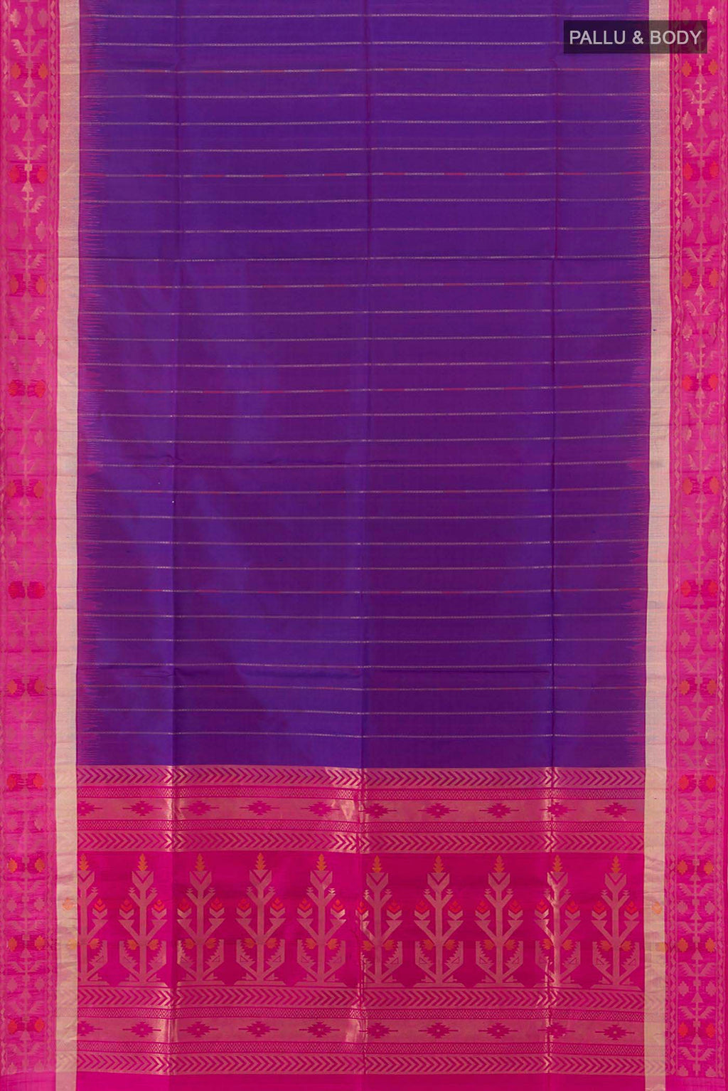 Flat view of Purple Soft Silk Saree with Zari Butta on the body and Zari Border. 