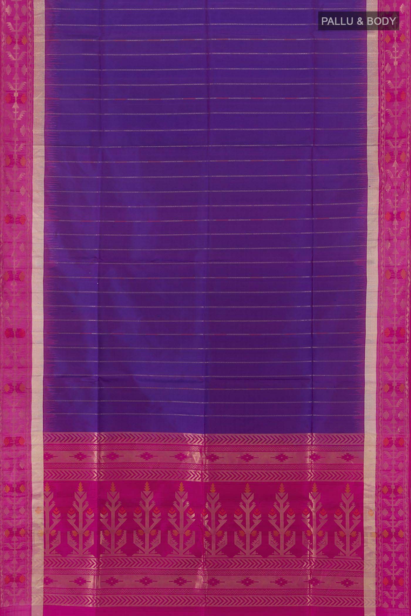 Flat view of Purple Soft Silk Saree with Zari Butta on the body and Zari Border. 