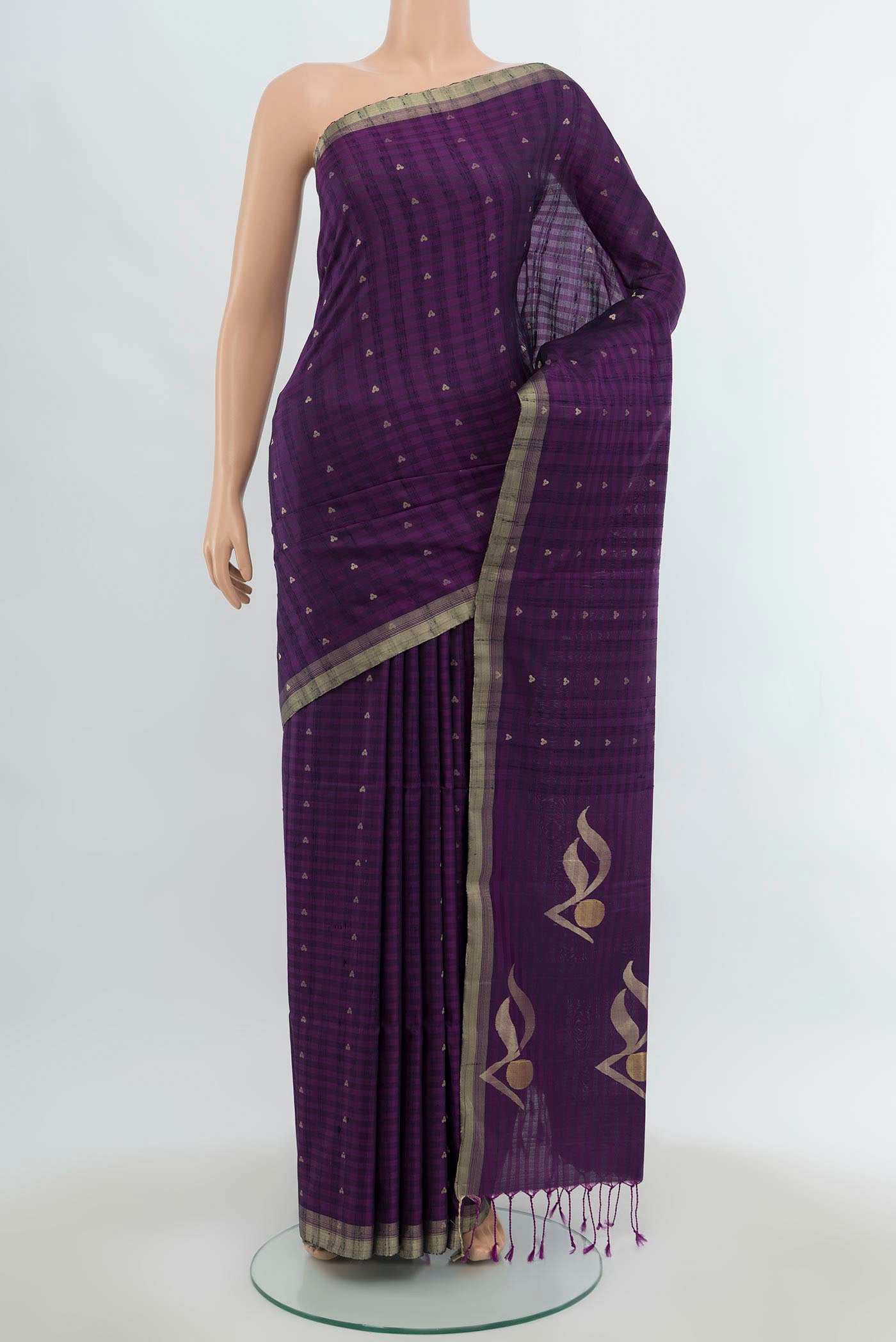 Violet Soft Silk Saree with Zari Butta on the body and Silk Border.  displayed on a mannequin