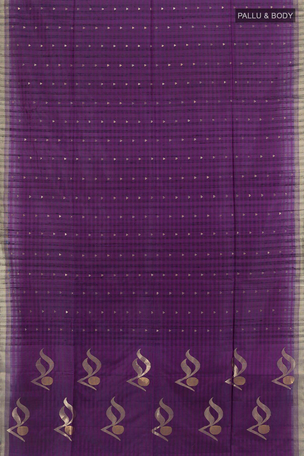 Flat view of Violet Soft Silk Saree with Zari Butta on the body and Silk Border. 