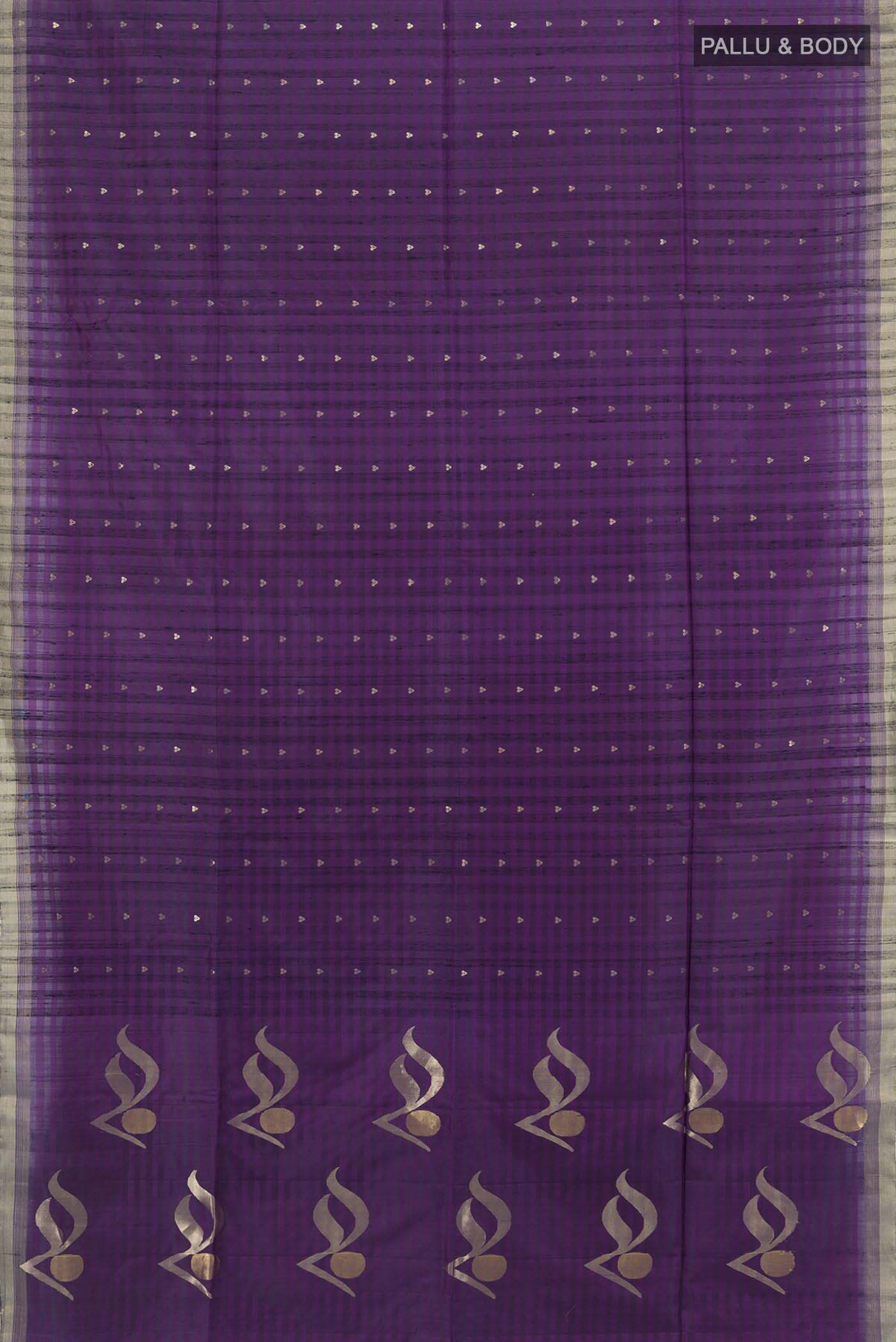 Flat view of Violet Soft Silk Saree with Zari Butta on the body and Silk Border. 