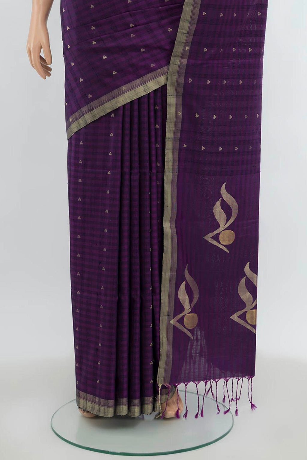 Pleats and pallu of Violet Soft Silk Saree with Zari Butta on the body and Silk Border. 