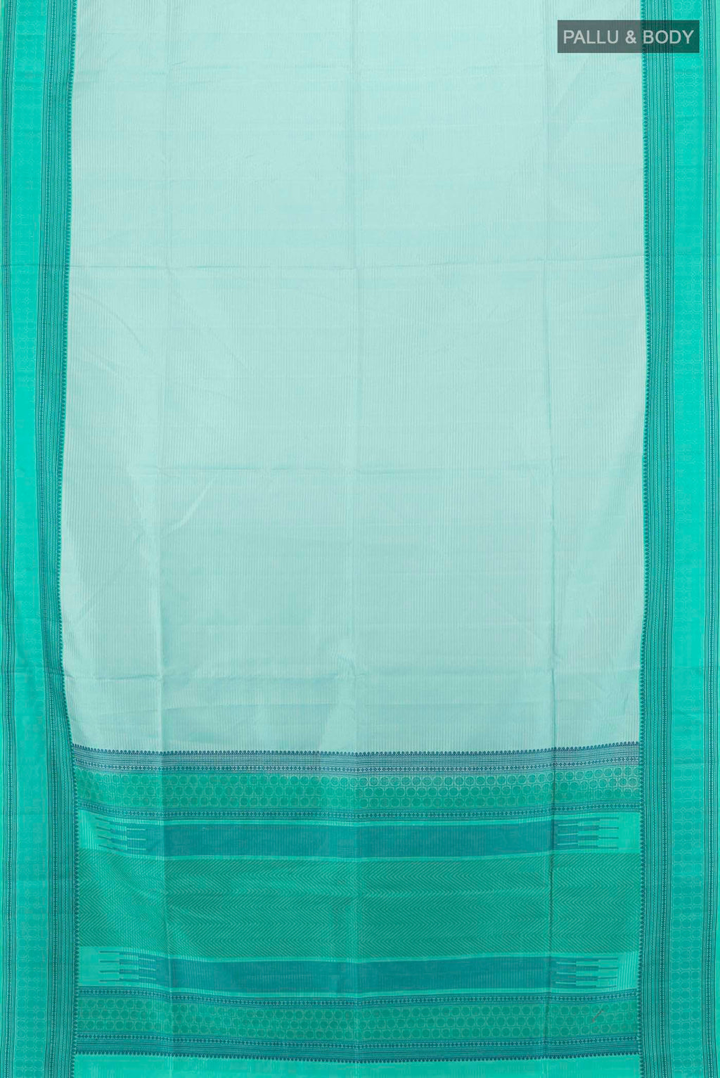 Flat view of Light Blue Soft Silk Saree with Zari Butta on the body and Silk Border. 