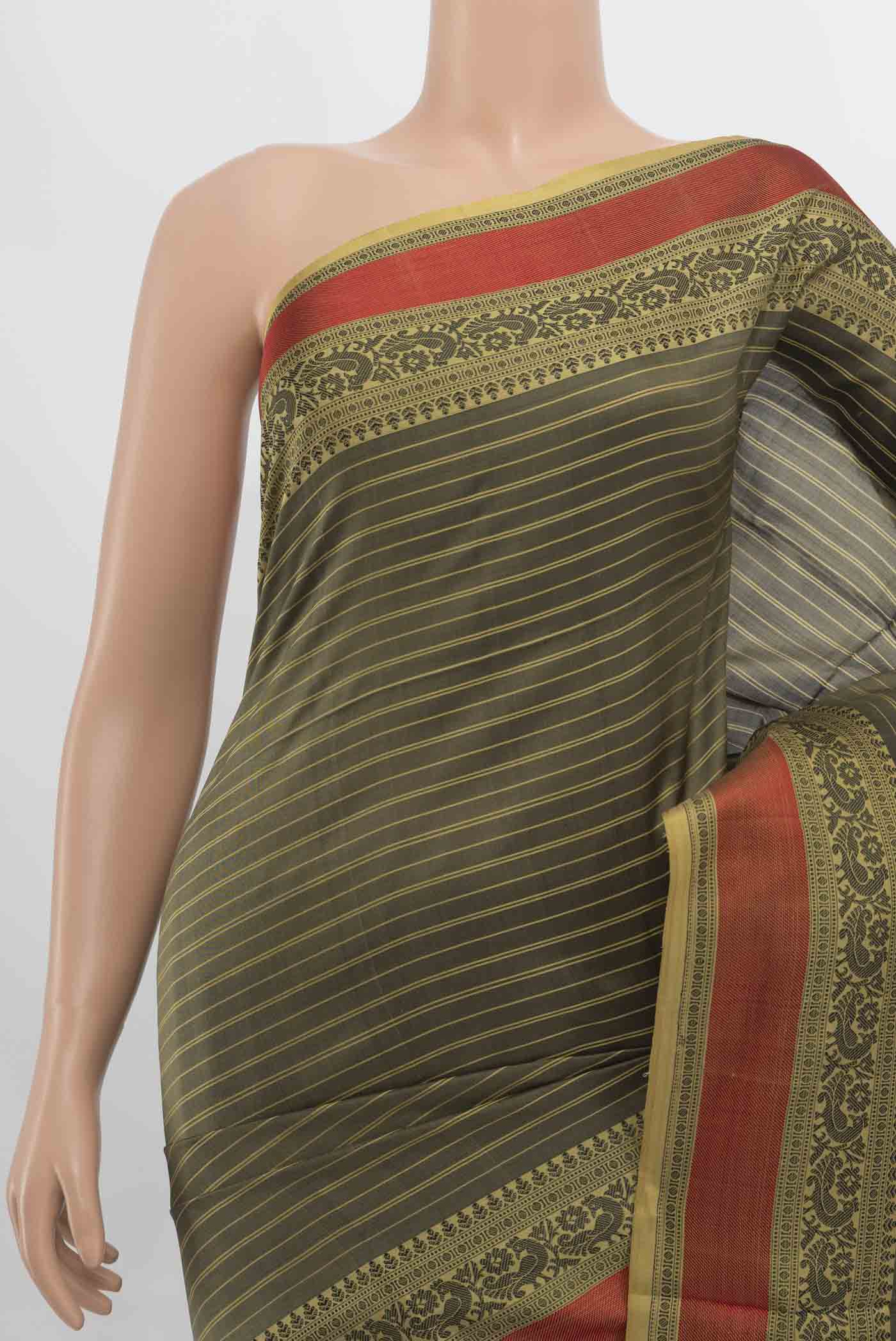 Border image of Black Soft Silk Saree with Zari Butta on the body and Silk Border. 