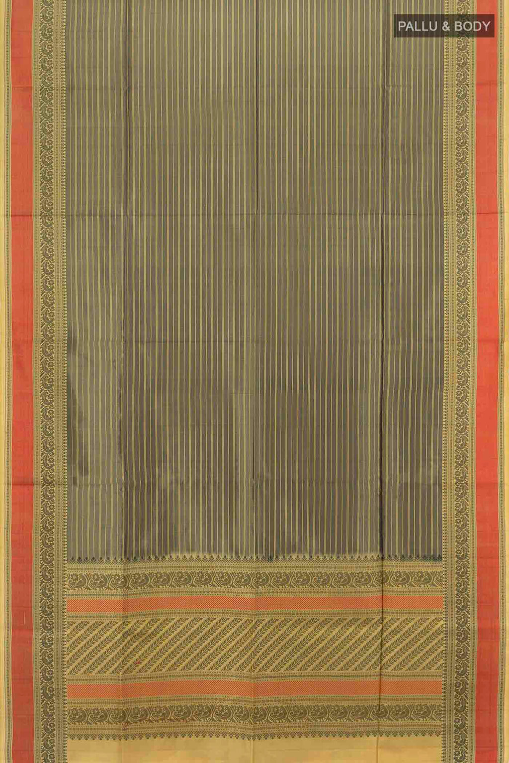 Flat view of Black Soft Silk Saree with Zari Butta on the body and Silk Border. 