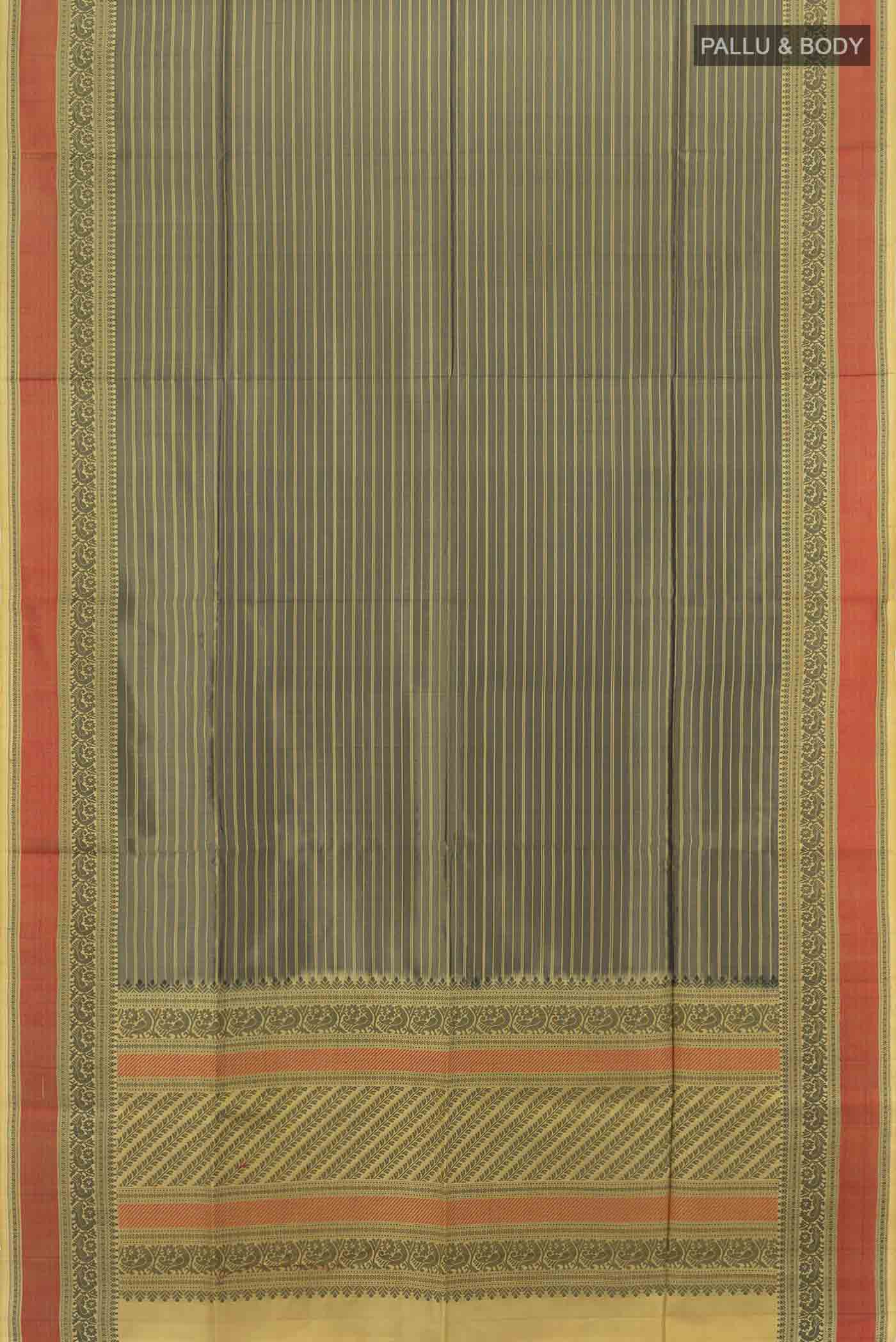 Flat view of Black Soft Silk Saree with Zari Butta on the body and Silk Border. 