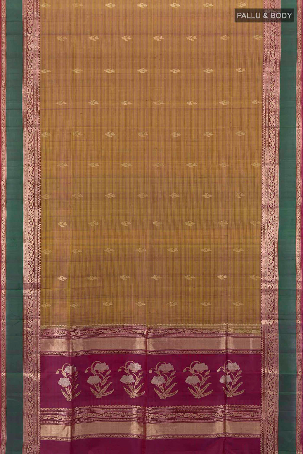 Flat view of Mehandi Green Soft Silk Saree with Zari Butta on the body and Silk Border. 