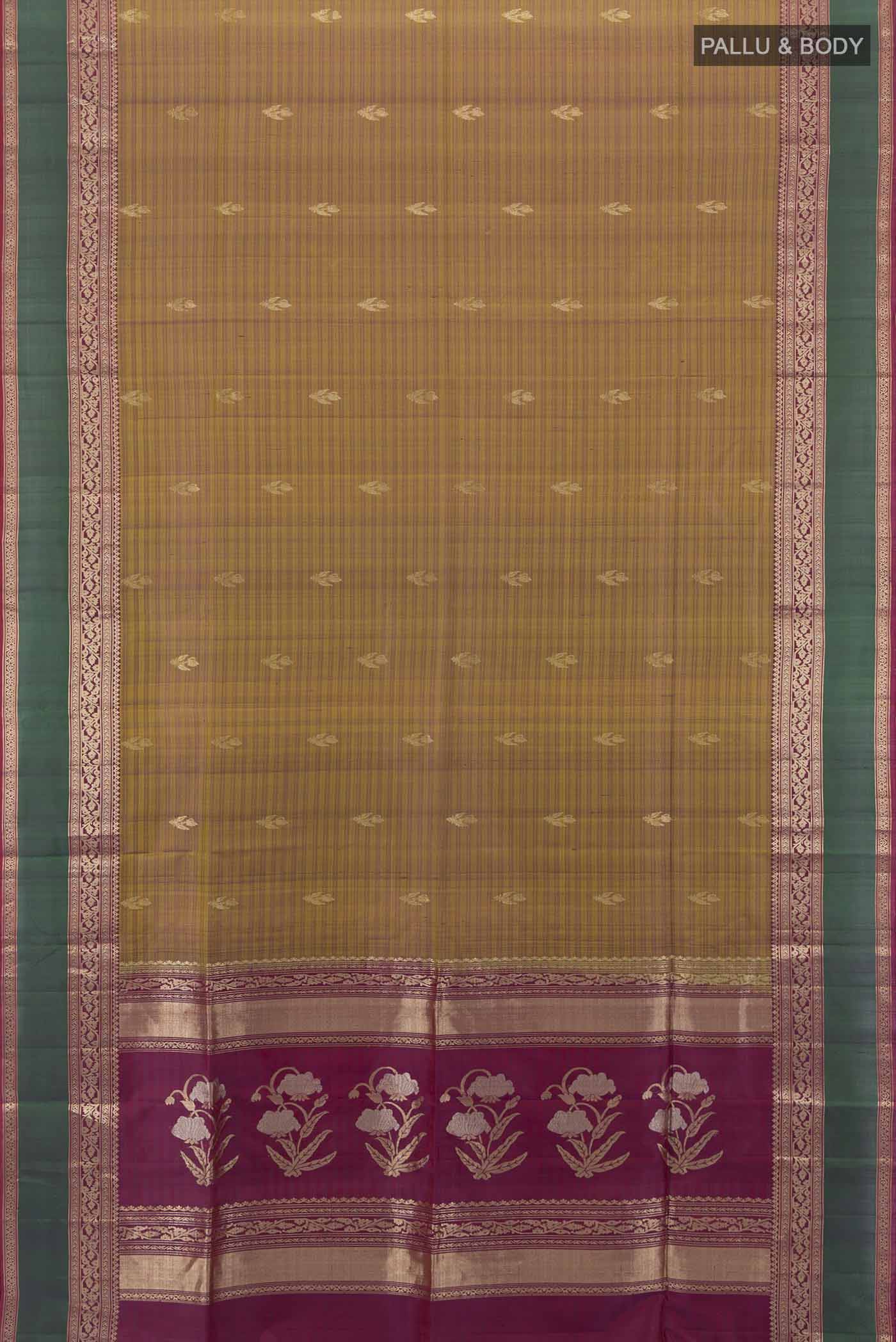 Flat view of Mehandi Green Soft Silk Saree with Zari Butta on the body and Silk Border. 