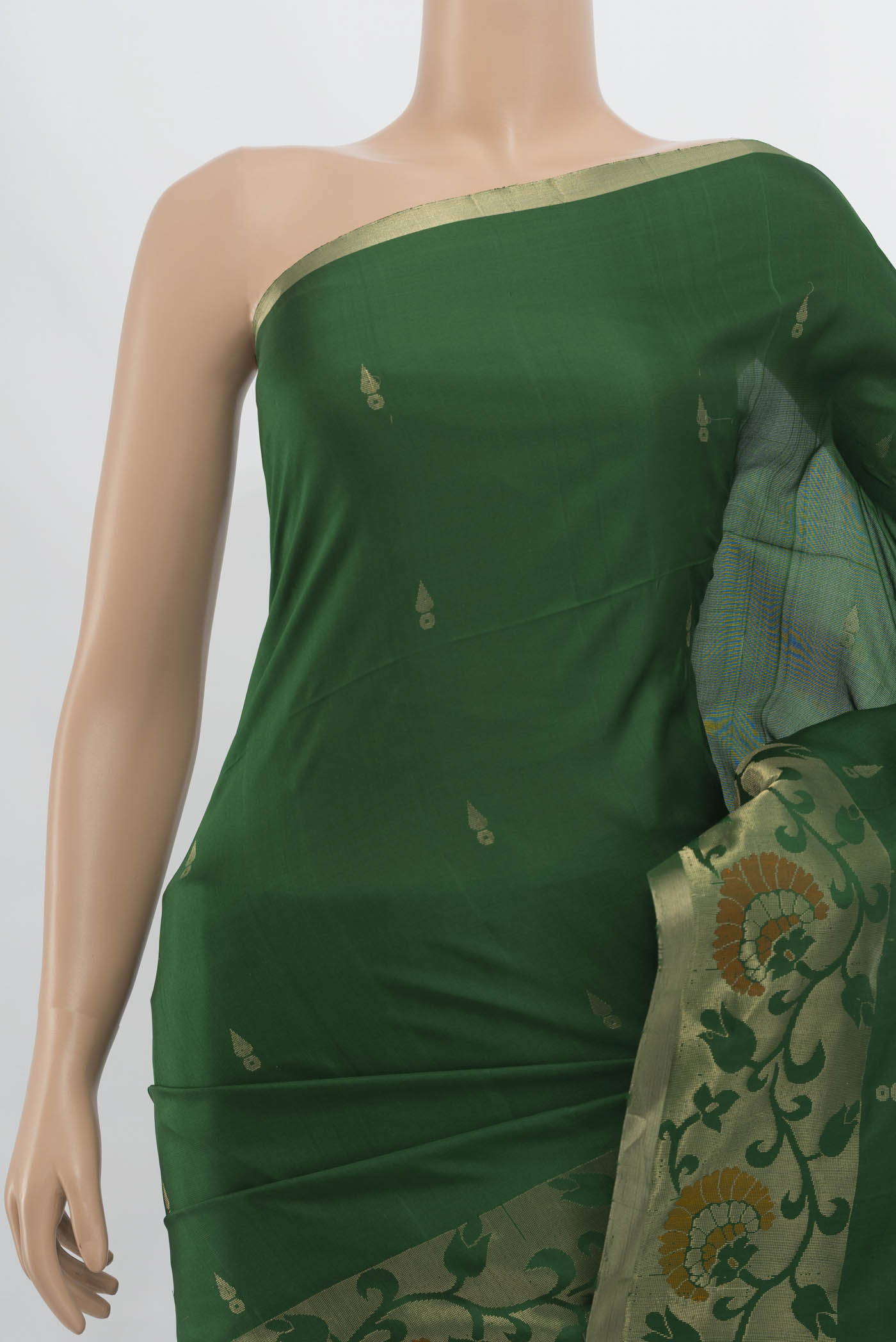 Border image of Bottle Green Soft Silk Saree with Zari Butta on the body and Zari Border. 