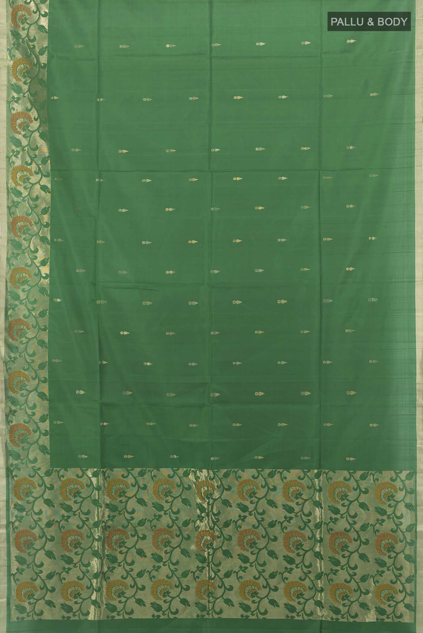 Flat view of Bottle Green Soft Silk Saree with Zari Butta on the body and Zari Border. 