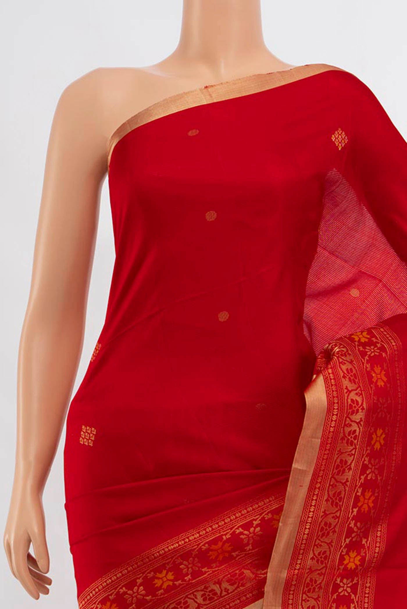 Border image of Red Soft Silk Saree with Zari Butta on the body and Silk Border. 