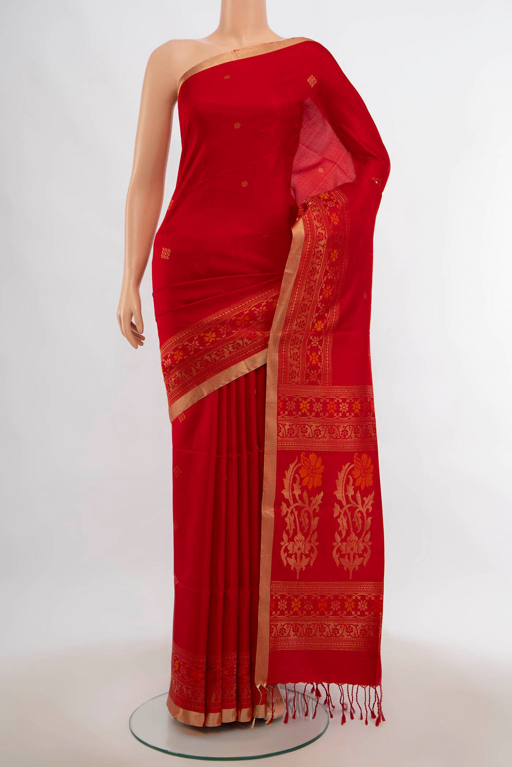 Red Soft Silk Saree with Zari Butta on the body and Silk Border.  displayed on a mannequin