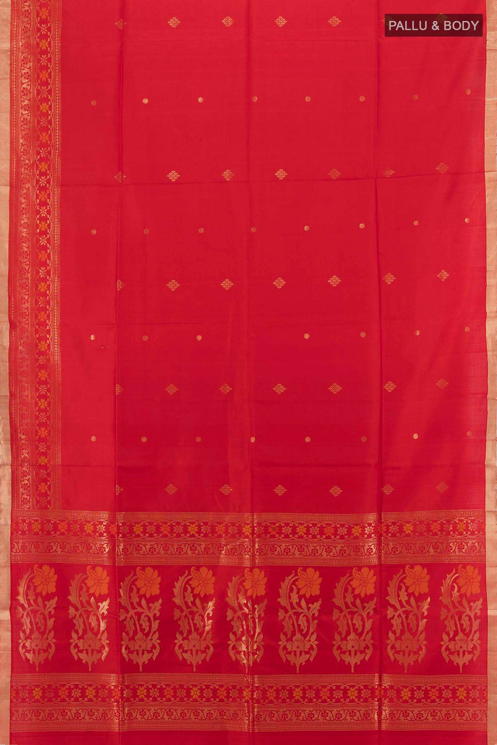 Flat view of Red Soft Silk Saree with Zari Butta on the body and Silk Border. 