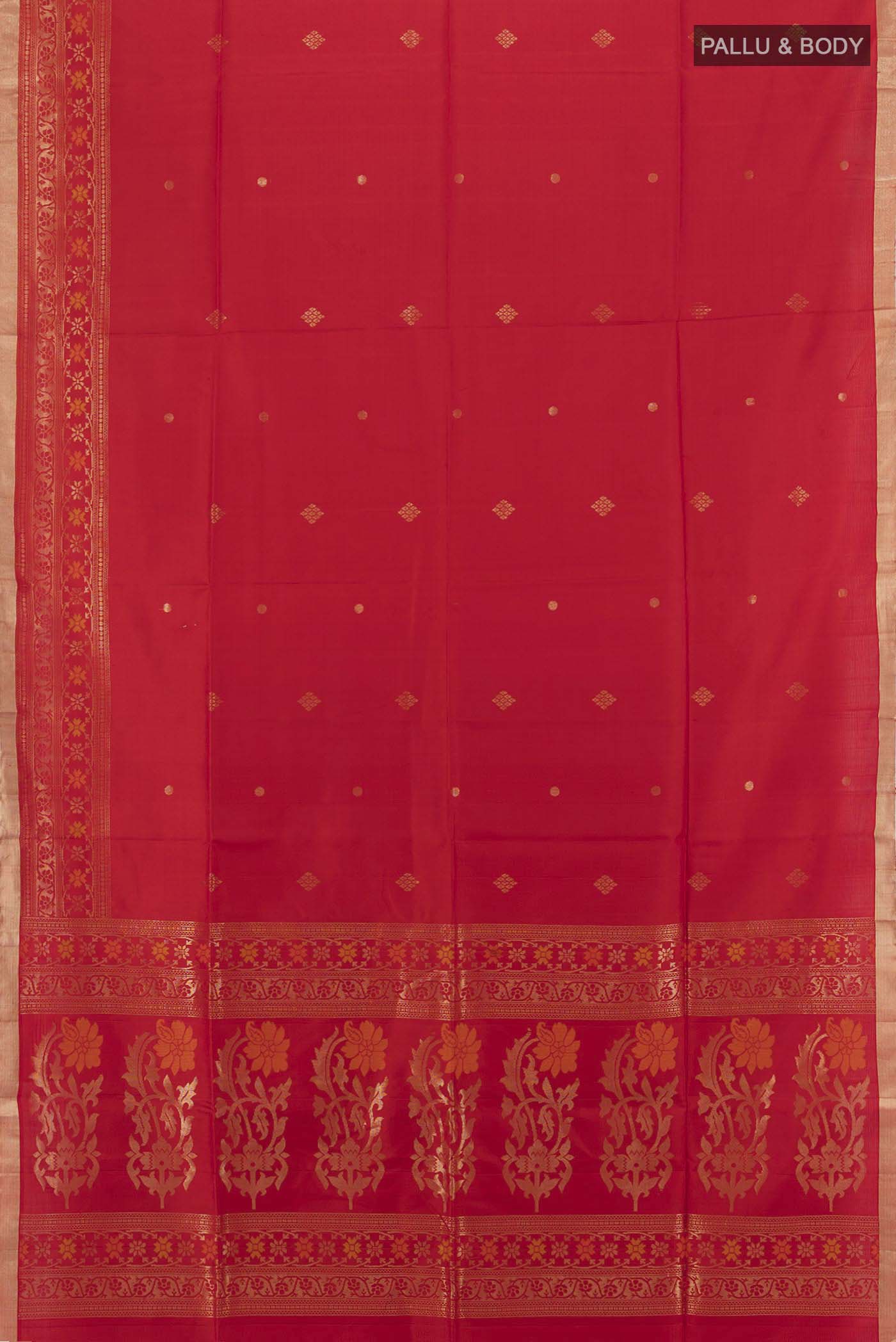 Flat view of Red Soft Silk Saree with Zari Butta on the body and Silk Border. 