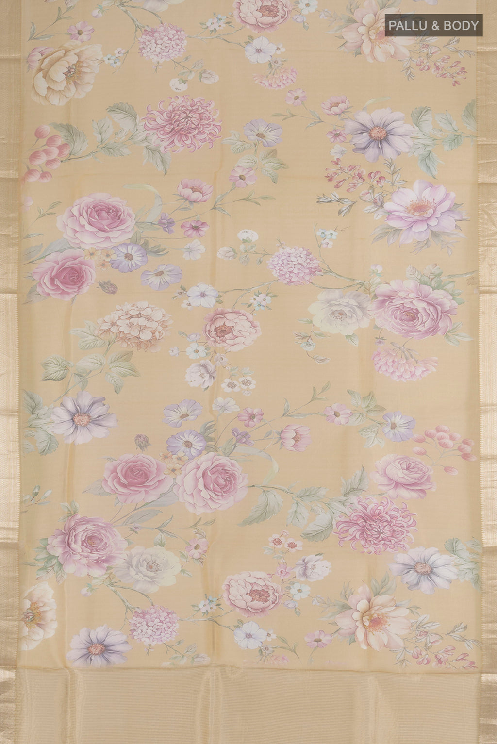 Flat view of Sandal Organza Silk Saree with Floral Print on the body and Zari Border. 