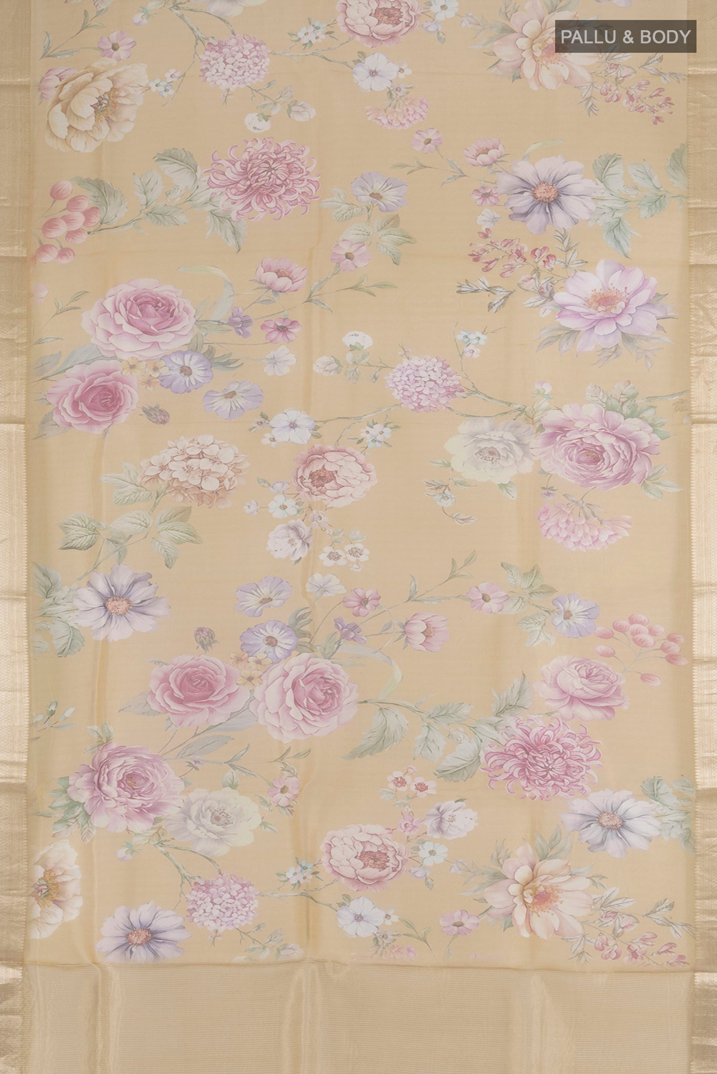 Flat view of Sandal Organza Silk Saree with Floral Print on the body and Zari Border. 