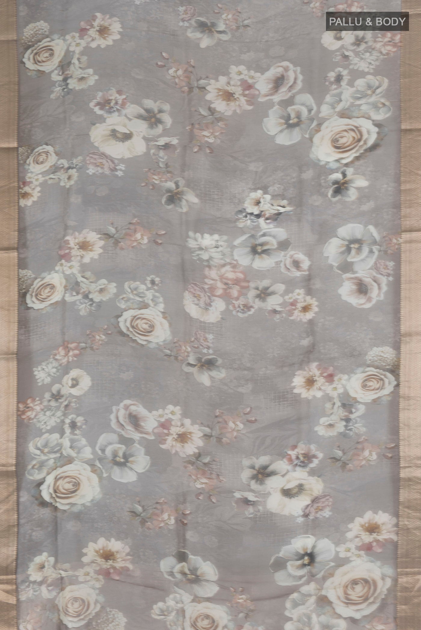 Flat view of Davys Grey Organza Silk Saree with Floral Print on the body and Zari Border. 
