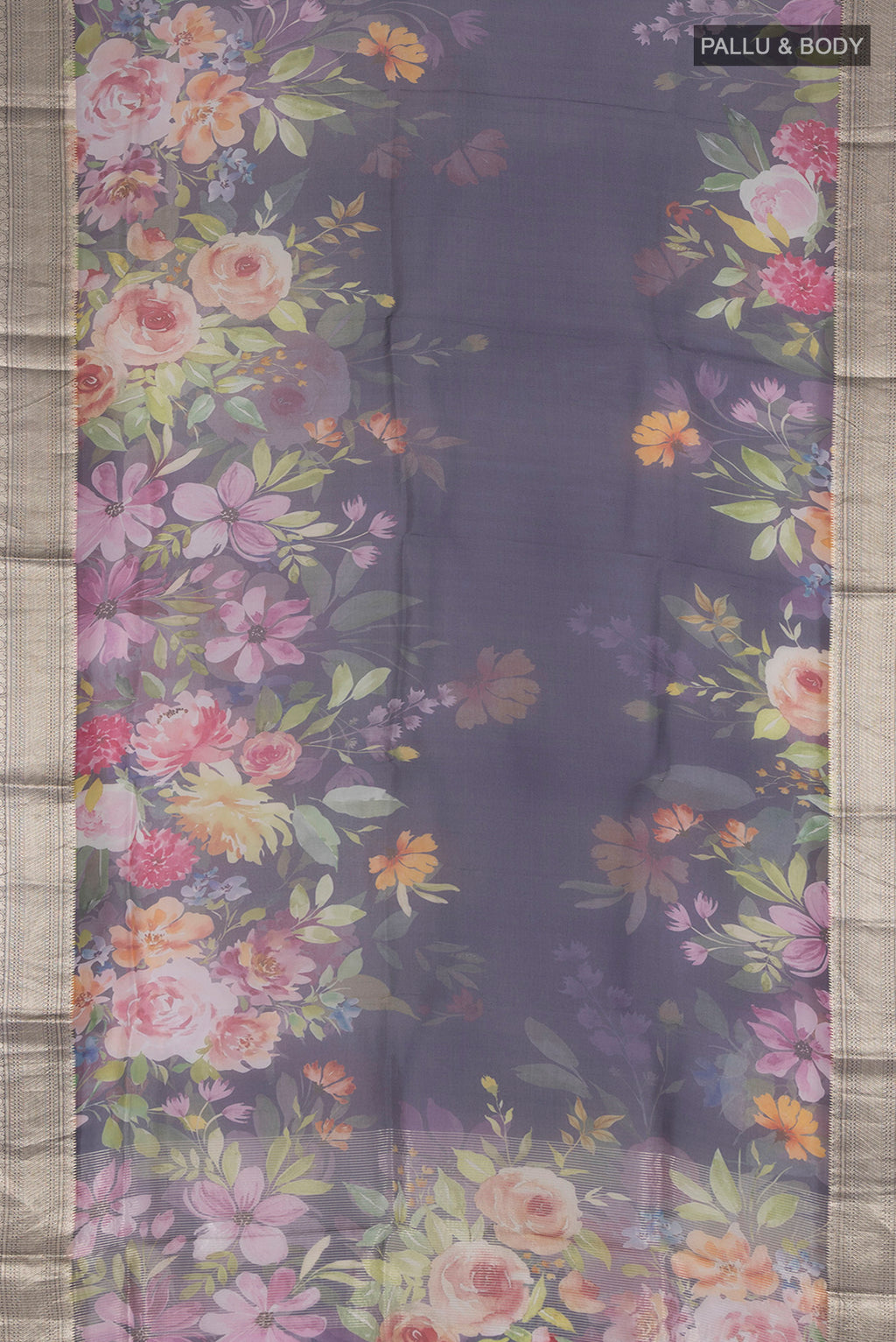 Flat view of Navy Blue Organza Silk Saree with Floral Print on the body and Zari Border. 