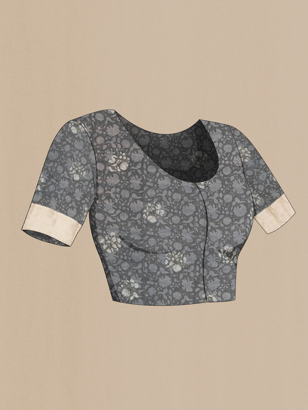 Close up image of the blouse of Grey Organza Silk Saree with Floral Print on the body and Zari Border. 