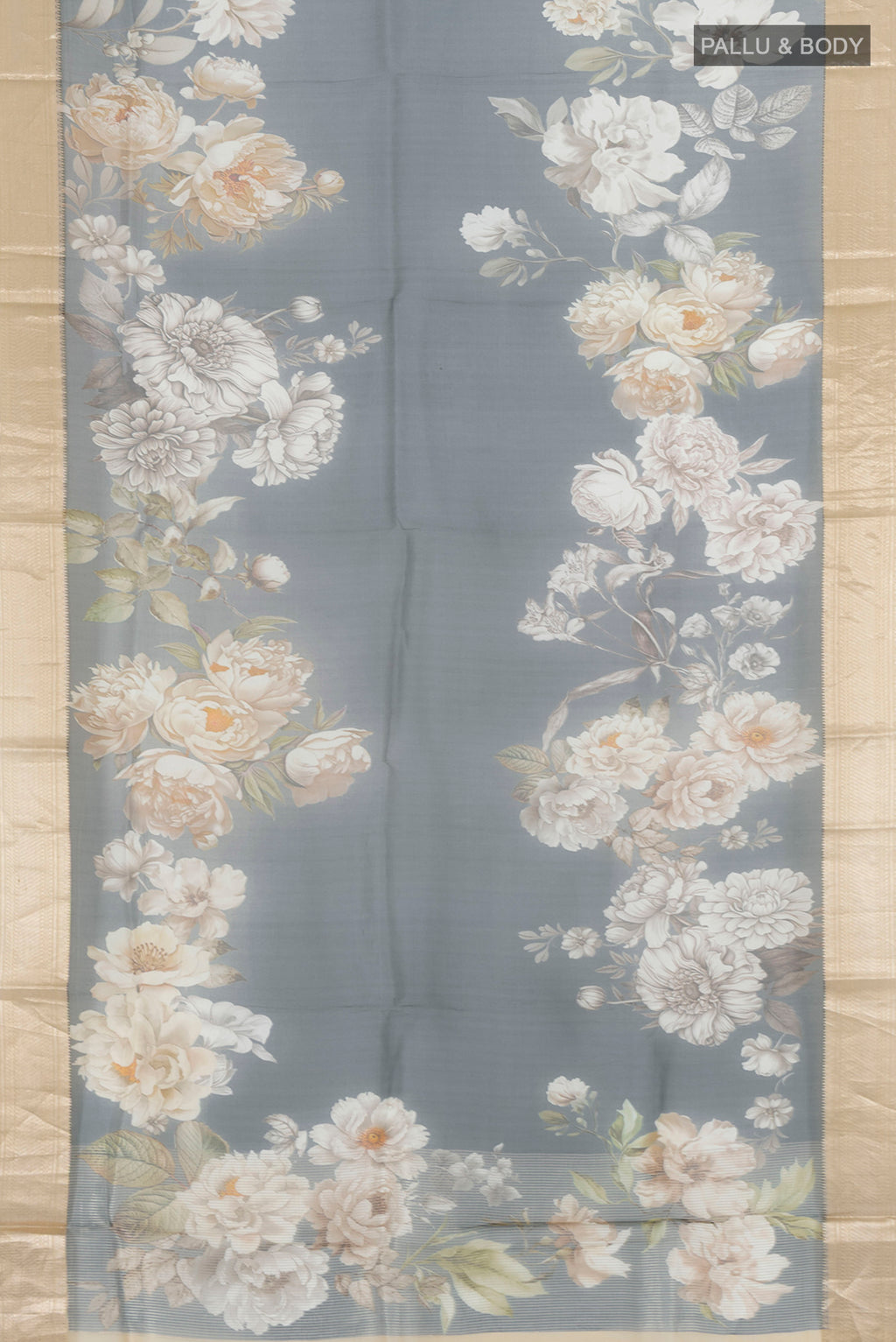 Flat view of Grey Organza Silk Saree with Floral Print on the body and Zari Border. 