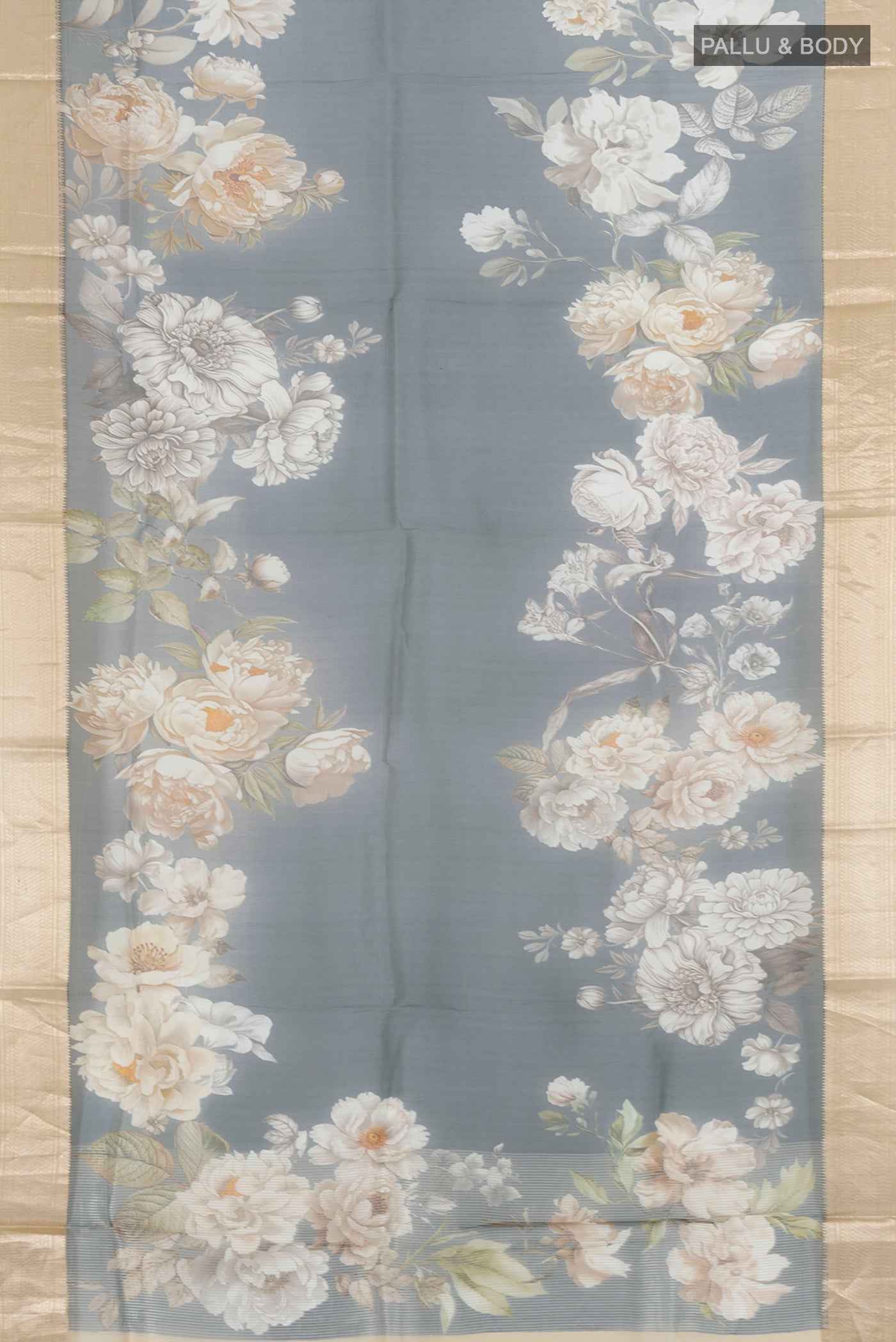 Flat view of Grey Organza Silk Saree with Floral Print on the body and Zari Border. 