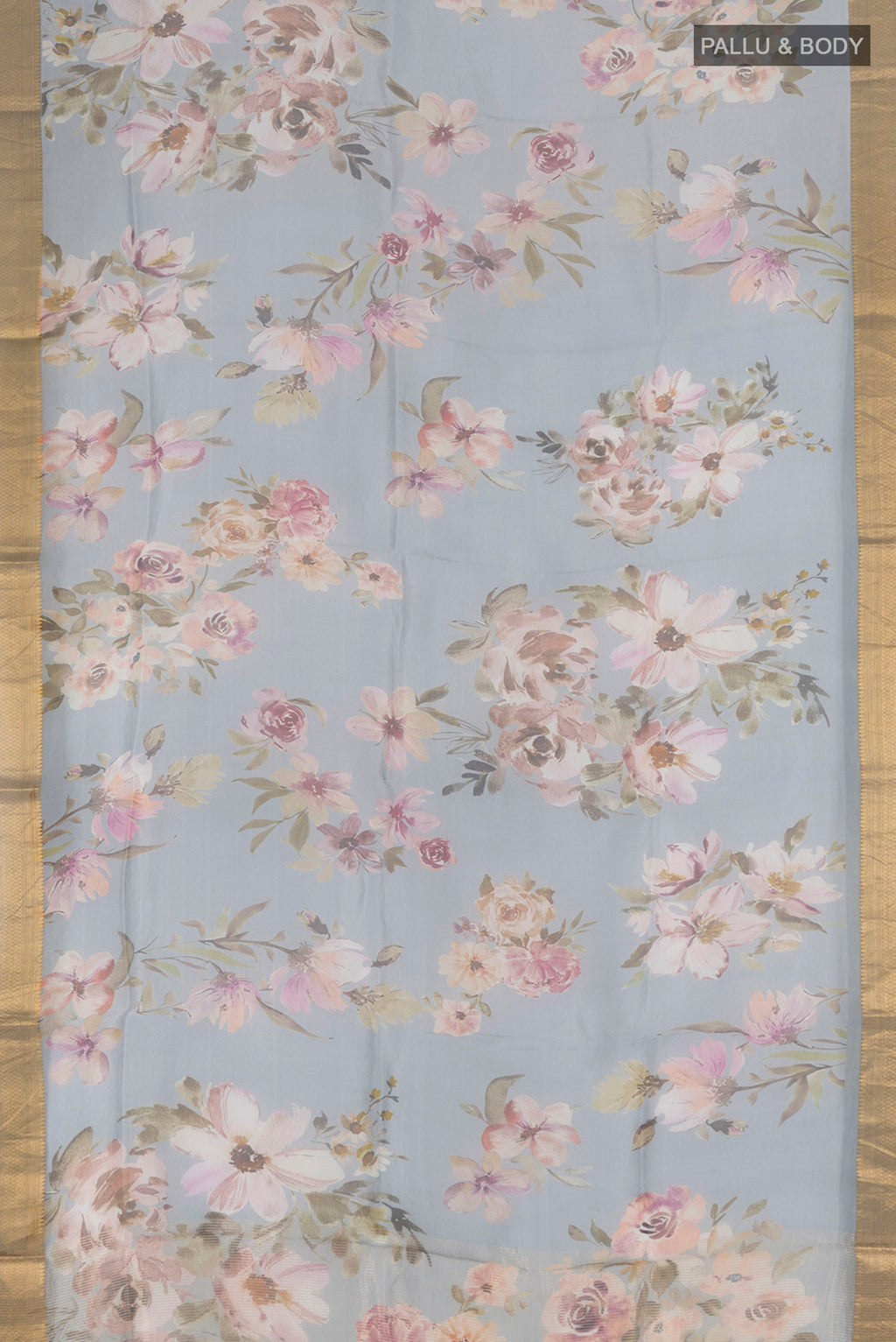 Flat view of Davys Grey Organza Silk Saree with Floral Print on the body and Zari Border. 