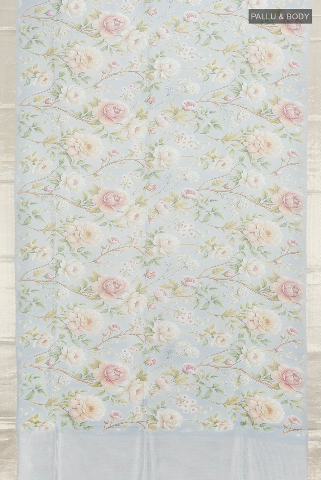Flat view of Light Blue Organza Silk Saree with Floral Print on the body and Zari Border. 