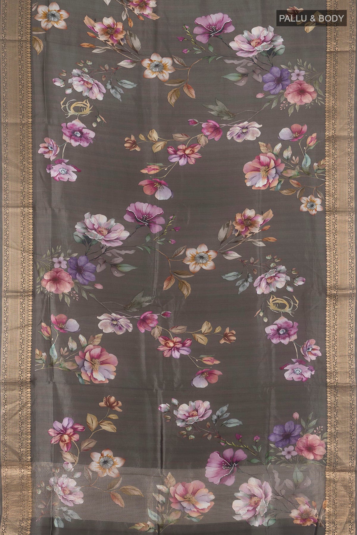 Flat view of Green Tussar Saree with Floral Print on the body and Zari Border. 