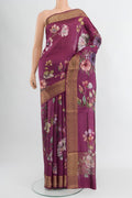 Purple Banarasi Katan Silk Saree with Floral Print on the body and Zari Border.  displayed on a mannequin