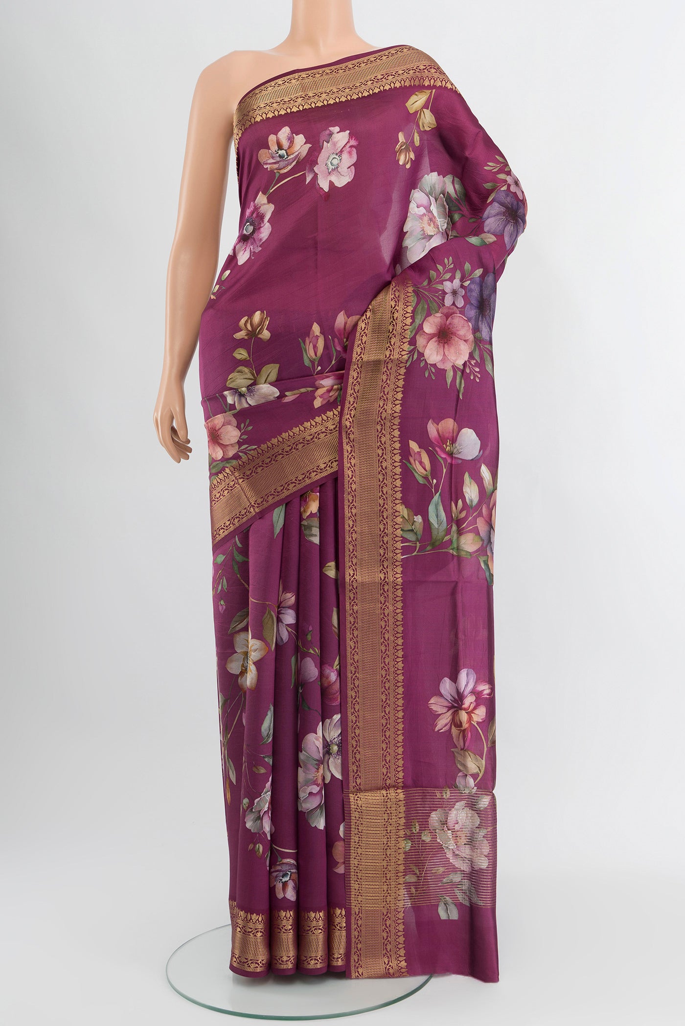 Purple Banarasi Katan Silk Saree with Floral Print on the body and Zari Border.  displayed on a mannequin