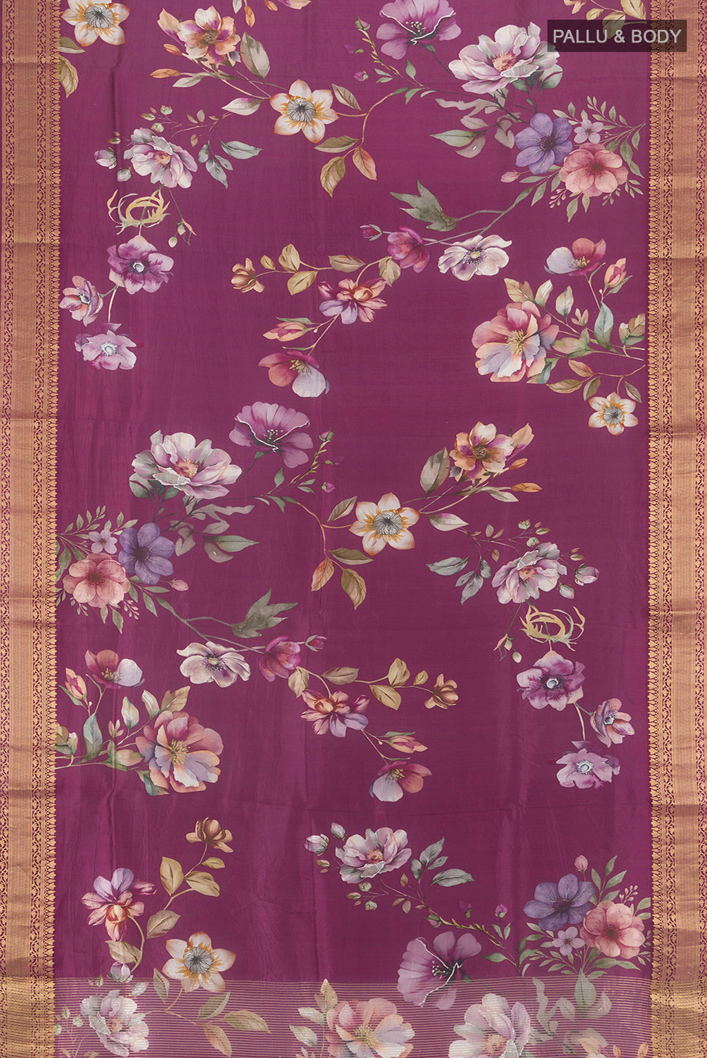 Flat view of Purple Banarasi Katan Silk Saree with Floral Print on the body and Zari Border. 