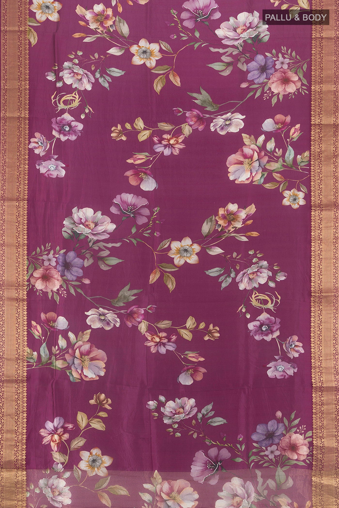 Flat view of Purple Banarasi Katan Silk Saree with Floral Print on the body and Zari Border. 
