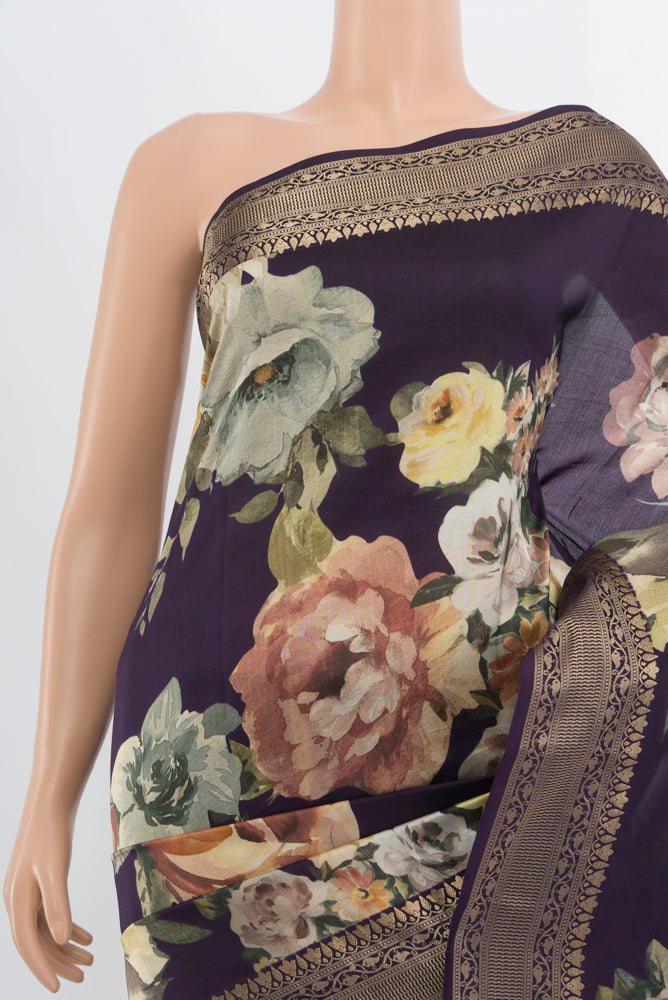 Border image of Navy Blue Banarasi Silk Saree with Floral Print on the body and Fancy Border. 